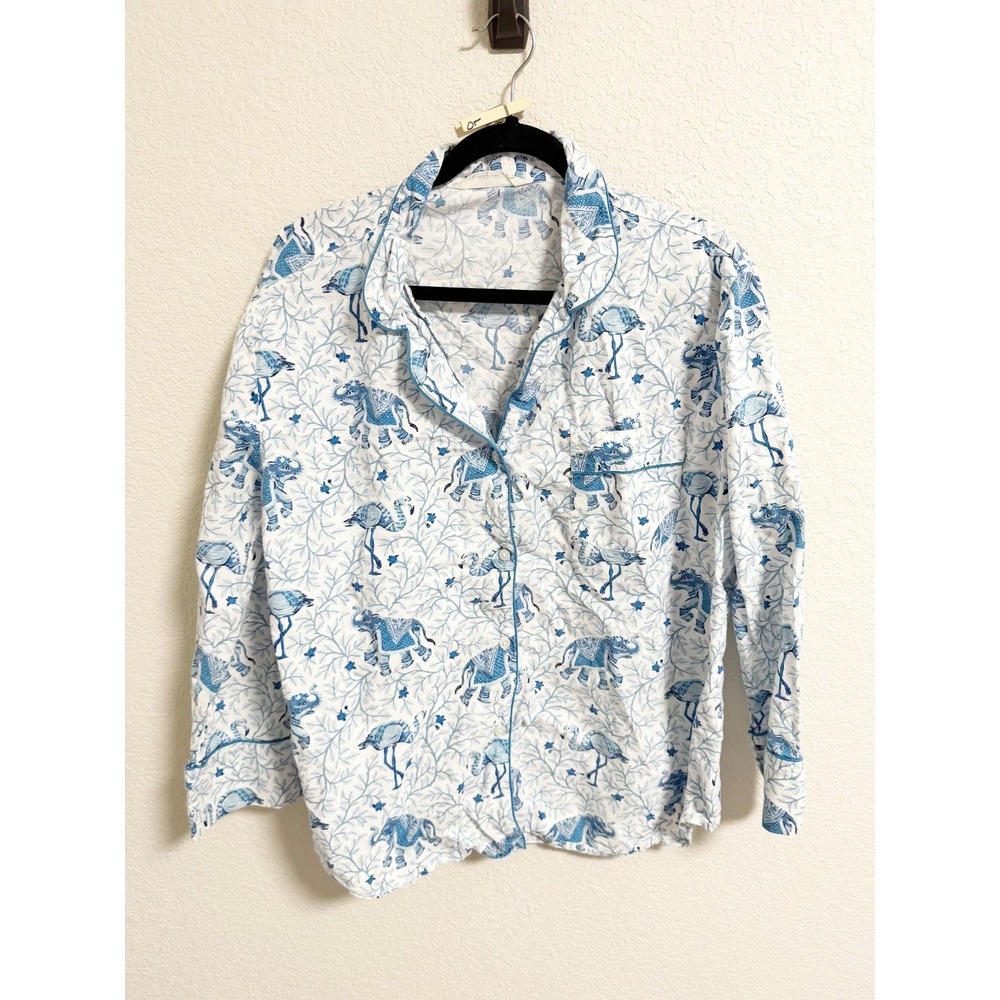 Printfresh Flamenco Elephant Print Pajama Top Long Sleeve‎ Button Up Blue XL